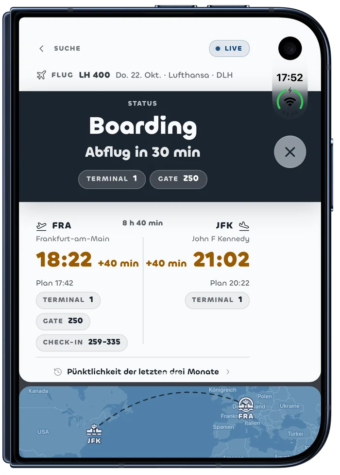 Flighto auf dem zugeklappten iPhone Duo: derselbe Flug mit Terminal, Gate und Verspätung, darunter die Karte
