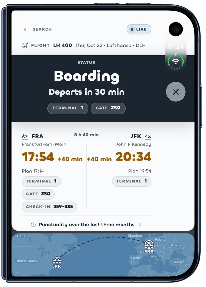 Flighto on the folded iPhone Duo: the same flight with terminal, gate and delay, the map below