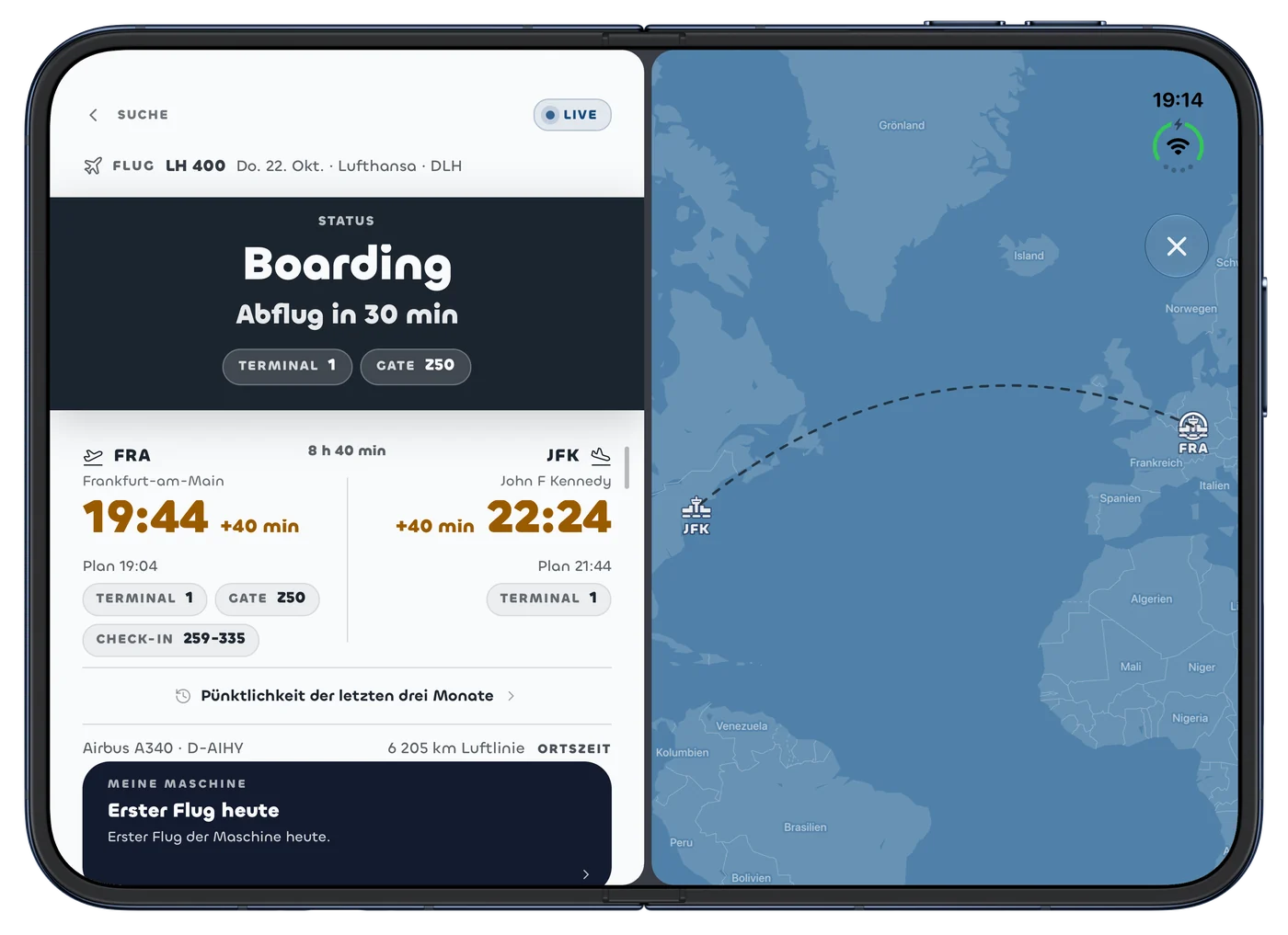 Flighto auf dem aufgeklappten iPhone Duo: links der Flug LH 400 von Frankfurt nach New York beim Boarding, rechts seine Strecke auf der Karte